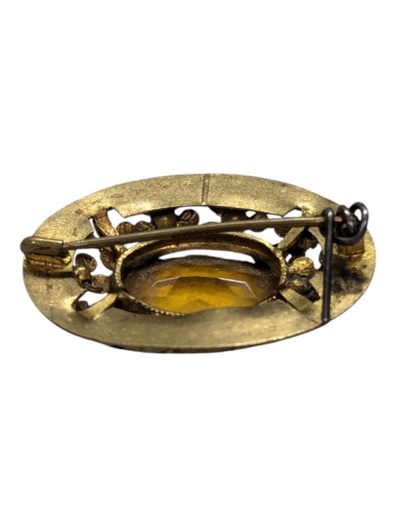 Amber-tone Brooch and Leather Bag