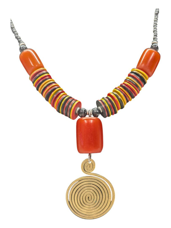 Orange, Yellow, and Black Necklace with Gold Tone Pendent