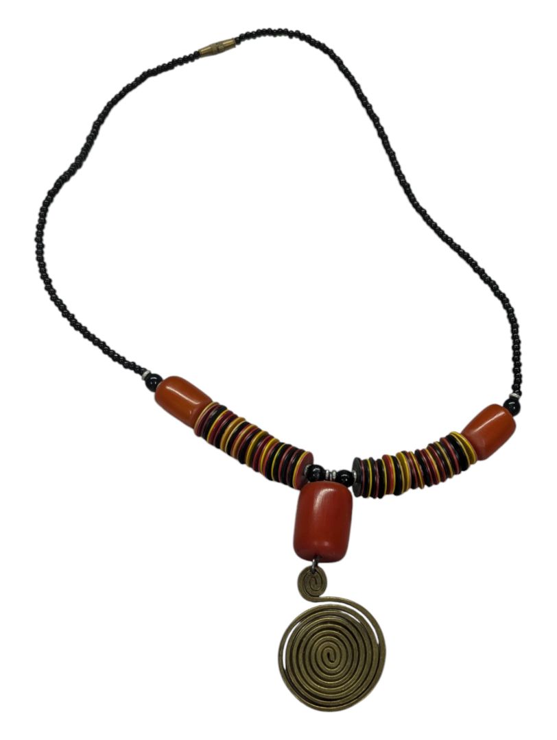 Orange, Yellow, and Black Necklace with Gold Tone Pendent