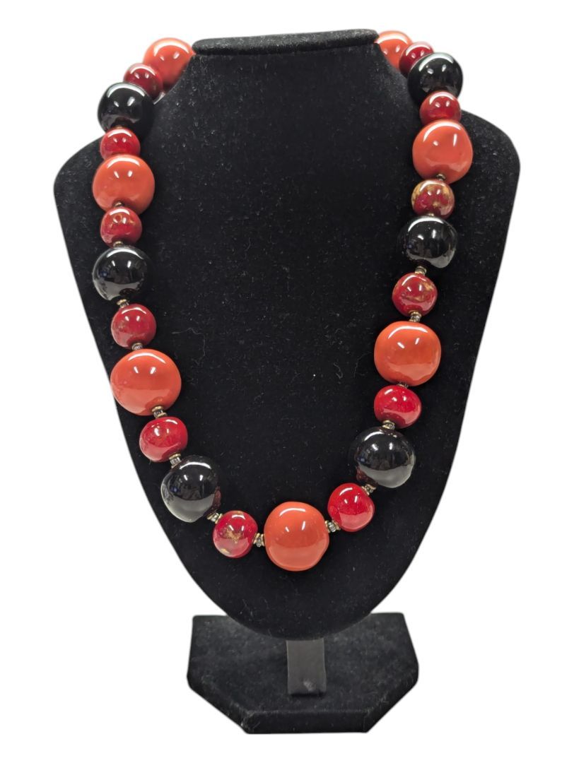 Bold Red, Orange & Black Beaded Statement Necklace