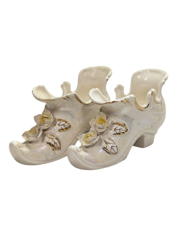 Pair of Mini Ceramic Shoe- Cream with Roses