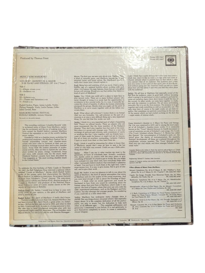 Music From Marlboro: Schubert Trout Quintet LP