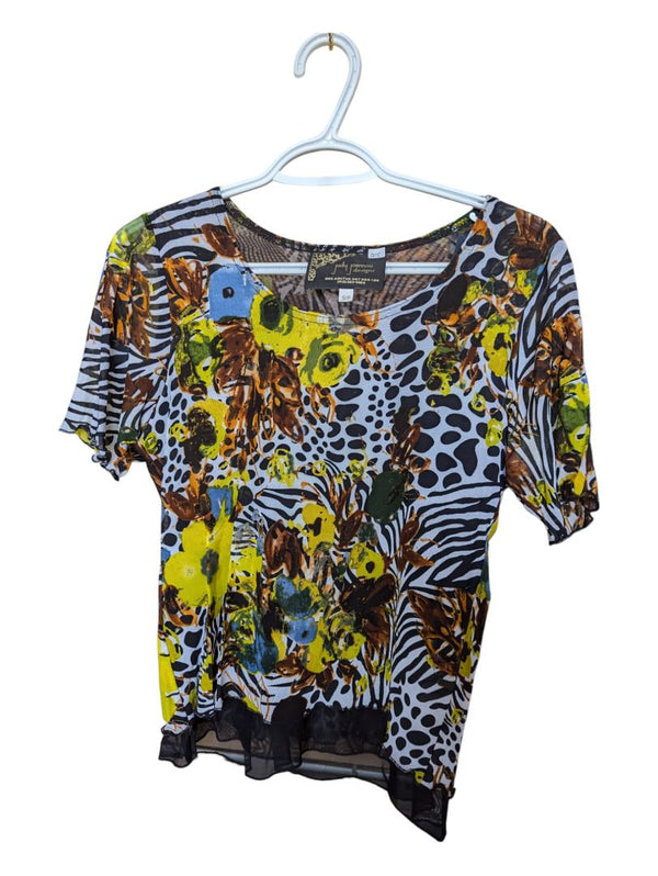 Zebra and Floral Print Judy Joannou Net Short Sleeve Size Small