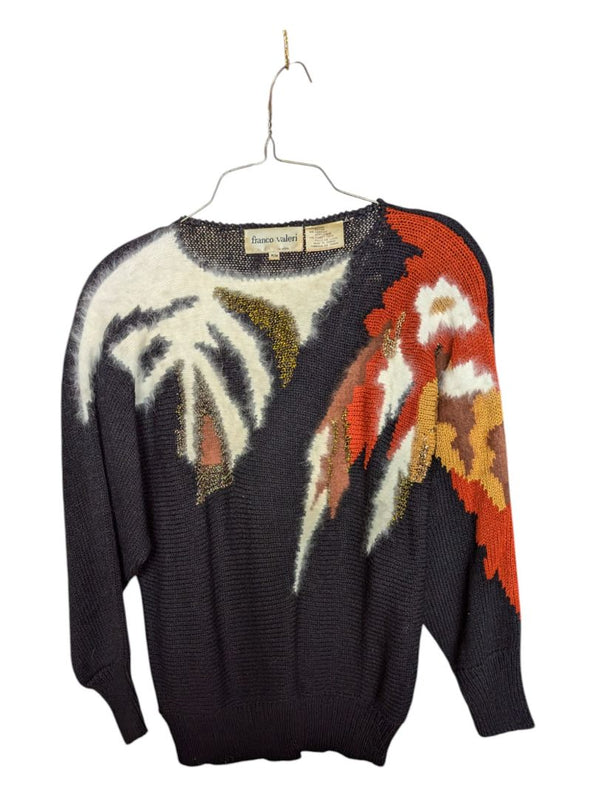 Red Orange and Gold Graphic Black Sweater Franco Valeri Size M