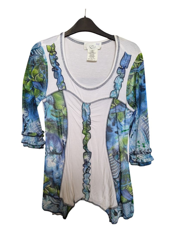 Blue and Green patterned White Top Zoe Size M