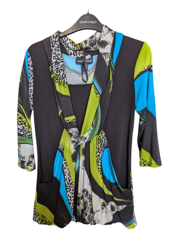 Green and Blue Patterned Black Shirt Frank Lyman Size 6