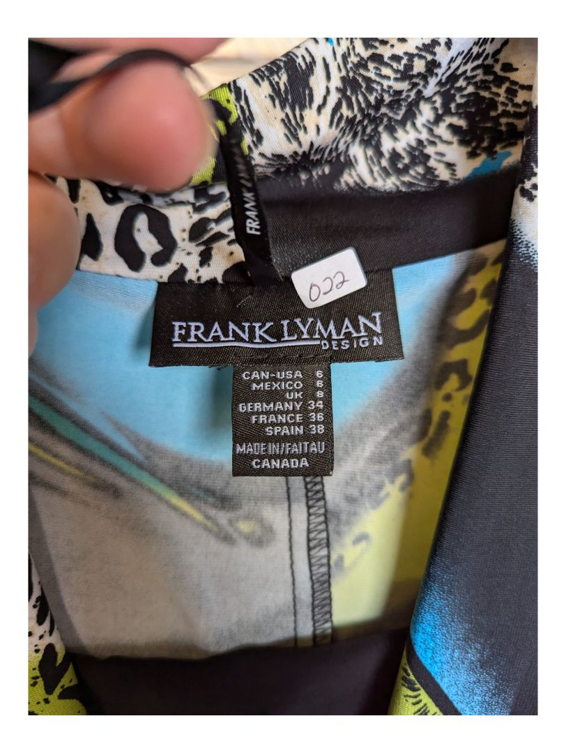 Green and Blue Patterned Black Shirt Frank Lyman Size 6