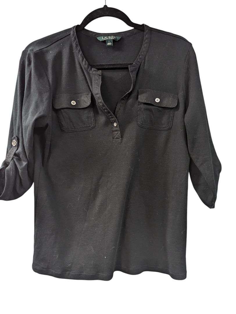 Black Roll Tab Sleeve V-neck Tee Lauren Ralph Size L