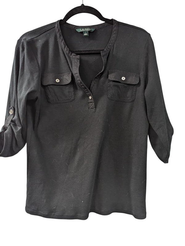 Black Roll Tab Sleeve V-neck Tee Lauren Ralph Size L