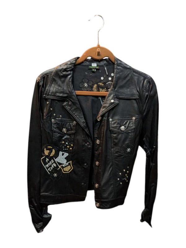 Black Leather Jacket with Embroid Tricotto Size M