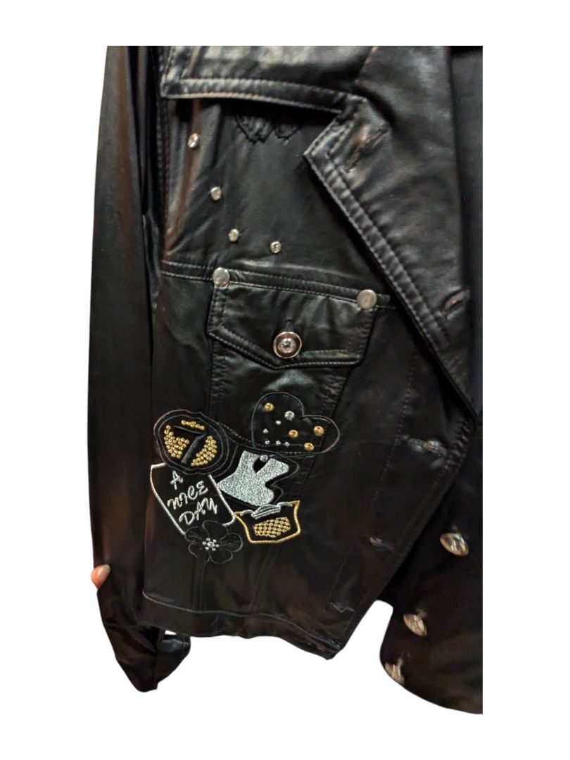 Black Leather Jacket with Embroid Tricotto Size M