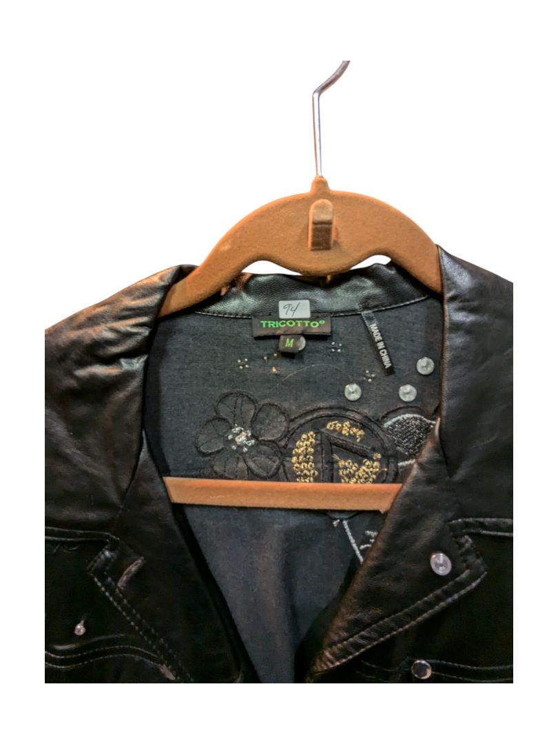 Black Leather Jacket with Embroid Tricotto Size M