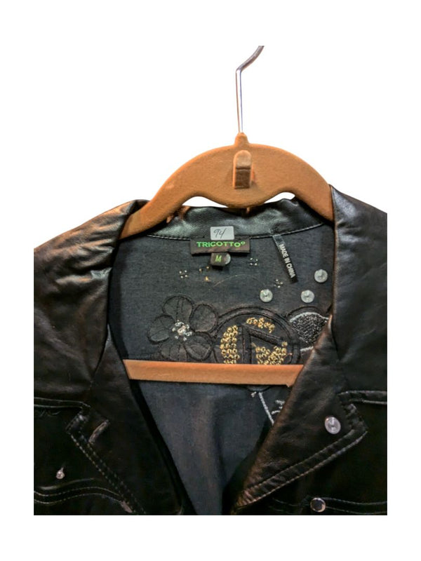 Black Leather Jacket with Embroid Tricotto Size M