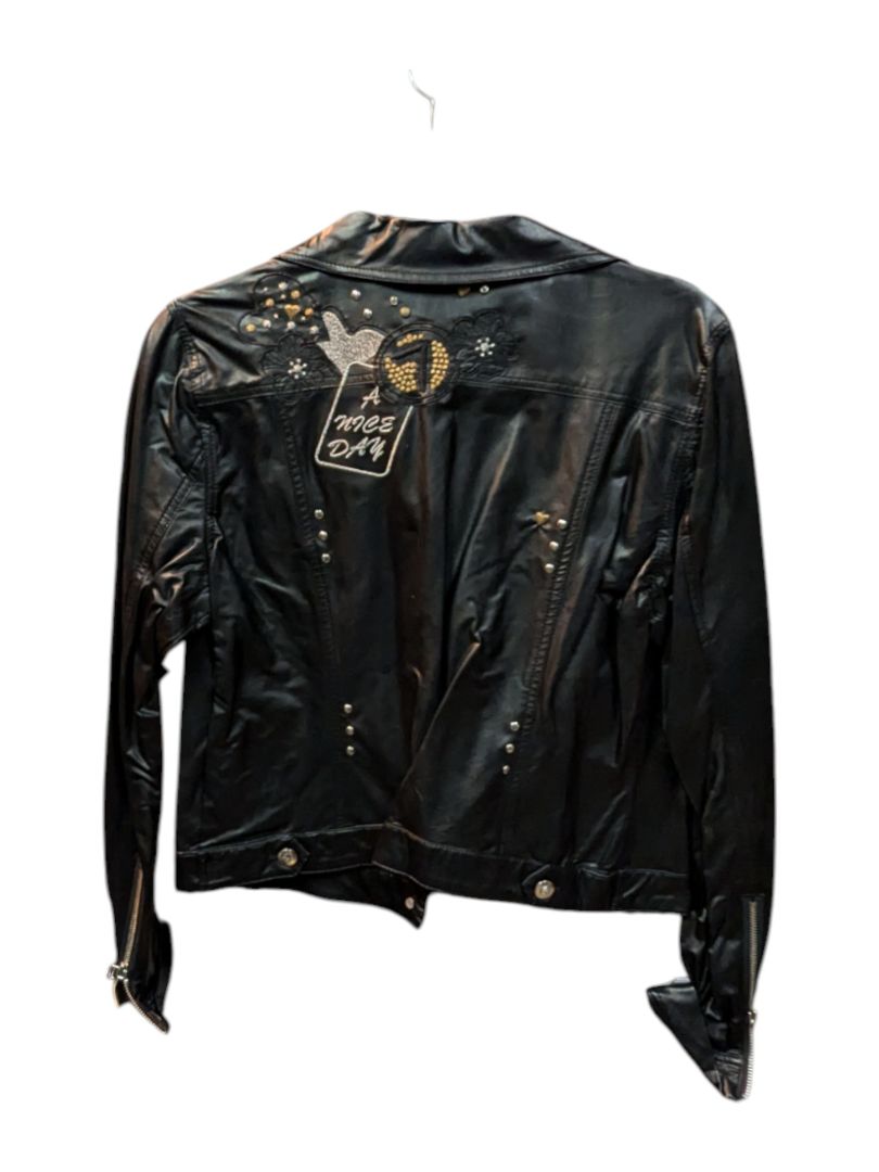 Black Leather Jacket with Embroid Tricotto Size M