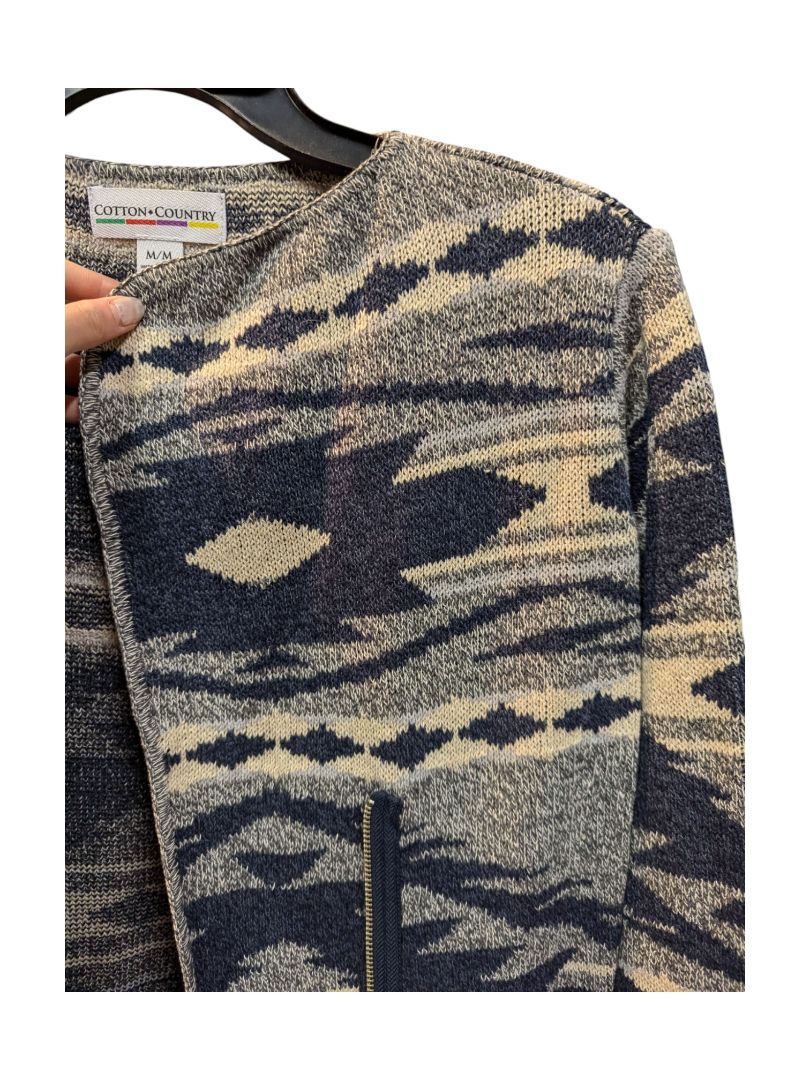 Full Zip Collared Knit Abstract Sweater Cotton + Country Size M