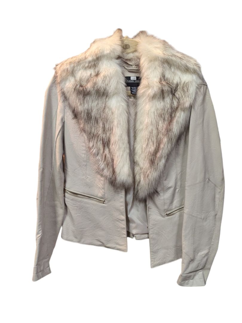 Cream Leather Cropped Jacket with Faux Fur Collar Frank Lyman Size 8