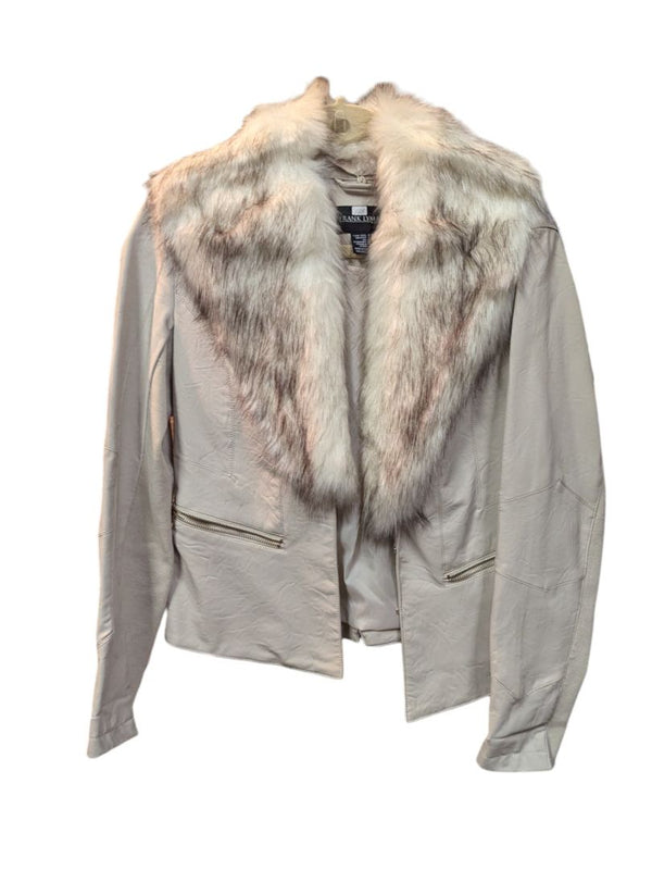 Cream Leather Cropped Jacket with Faux Fur Collar Frank Lyman Size 8