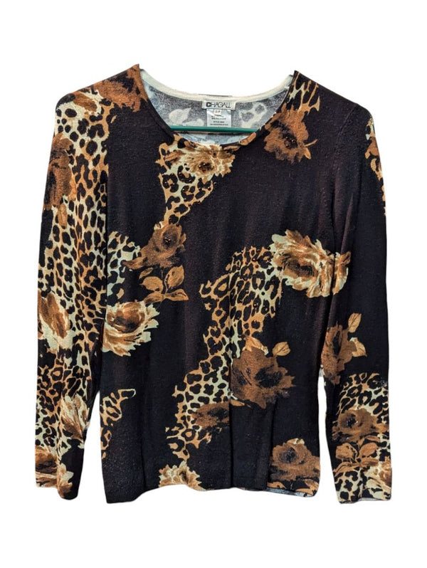 Leopard Pattern and Flower Black Long Sleeves Chagall Size S