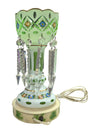 Vintage Hand-Printed Hurricane Glass Lamp w/ Glass Lusters