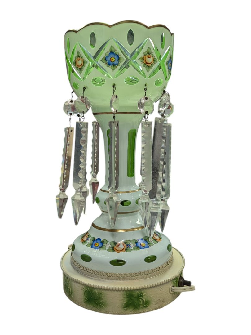 Vintage Hand-Printed Hurricane Glass Lamp w/ Glass Lusters