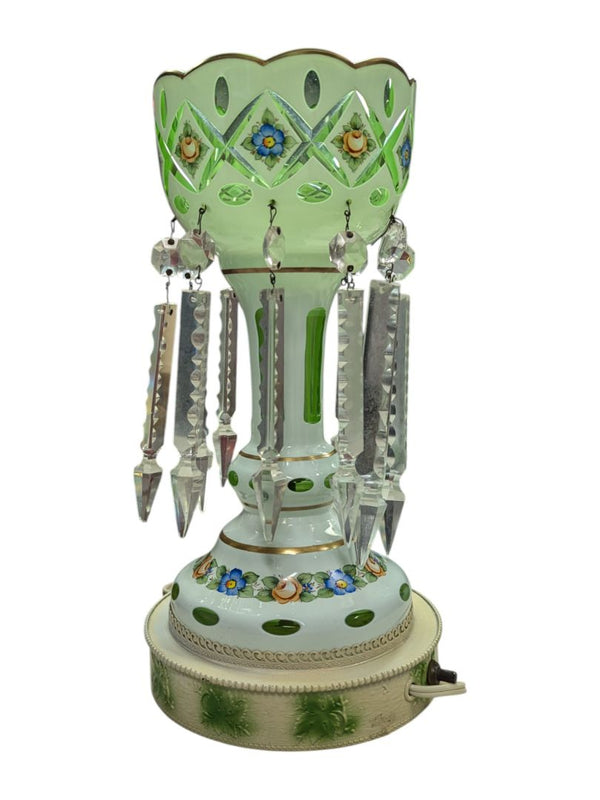 Vintage Hand-Printed Hurricane Glass Lamp w/ Glass Lusters