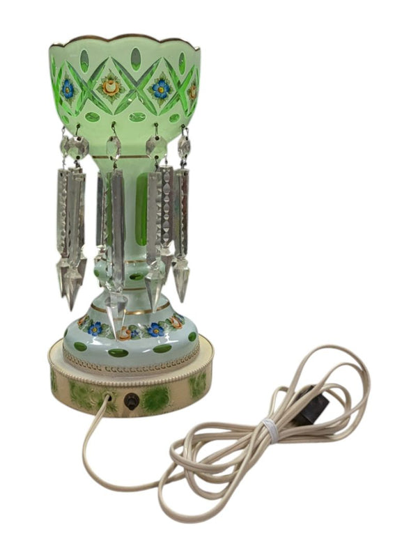 Vintage Hand-Printed Hurricane Glass Lamp w/ Glass Lusters