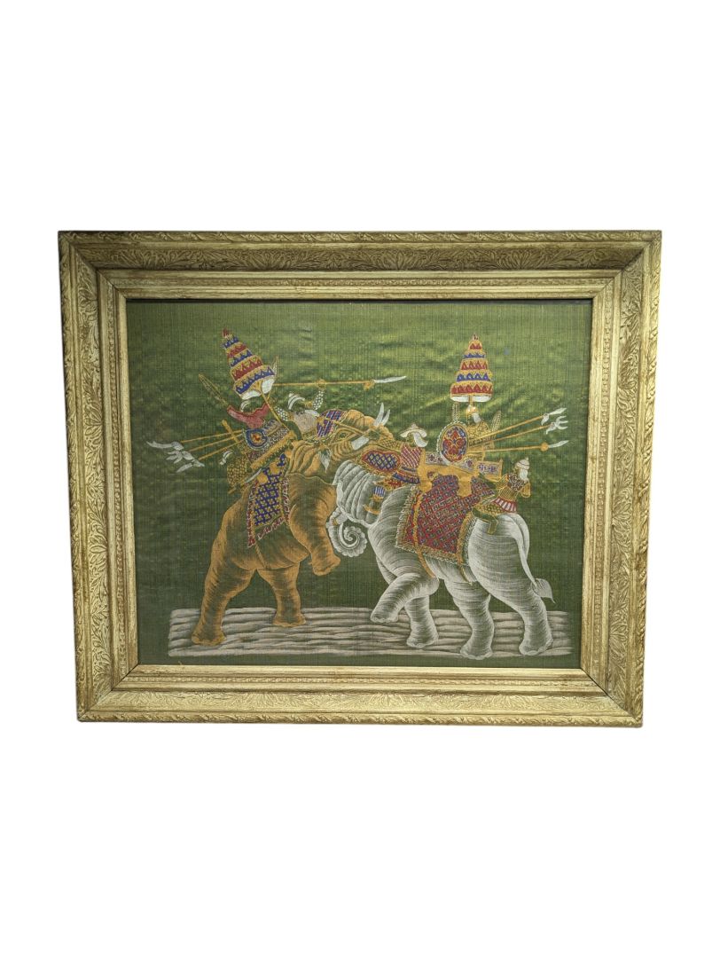 Vintage Silk Painting of Battle Scene w/ Elephants