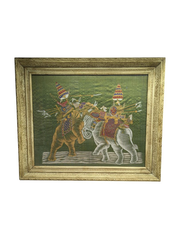 Vintage Silk Painting of Battle Scene w/ Elephants