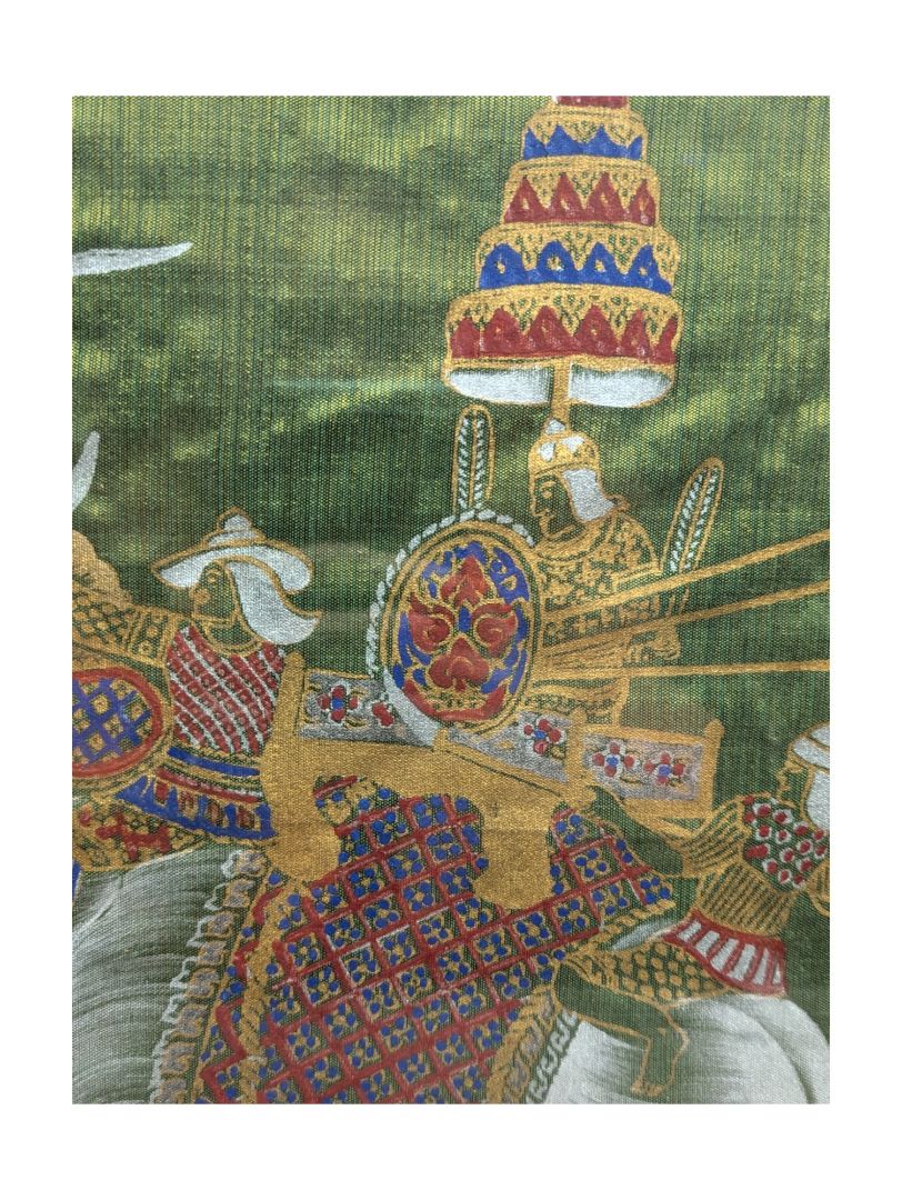Vintage Silk Painting of Battle Scene w/ Elephants