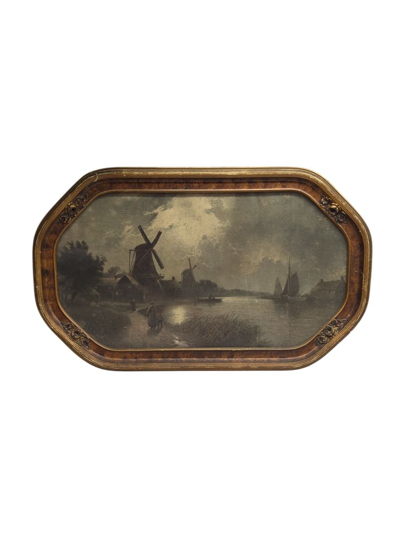 Windmill and Boat Printed Oil Paintings (set of 2)
