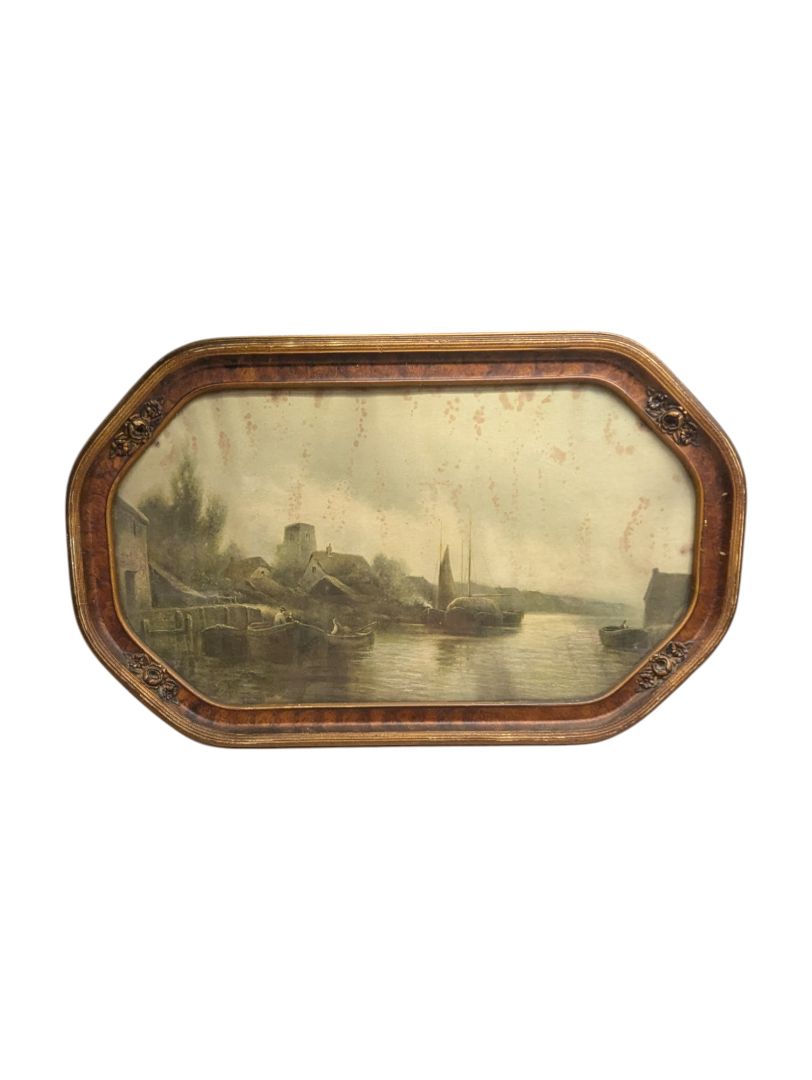 Windmill and Boat Printed Oil Paintings (set of 2)