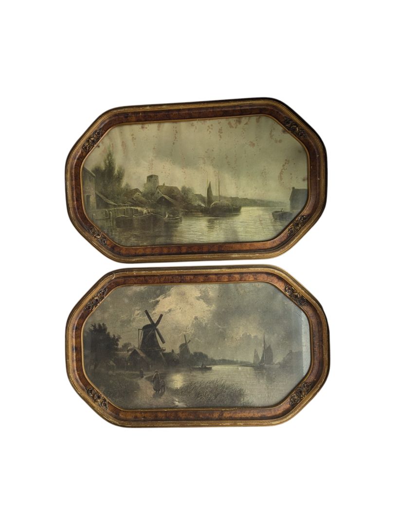 Windmill and Boat Printed Oil Paintings (set of 2)