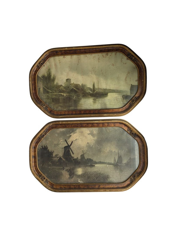 Windmill and Boat Printed Oil Paintings (set of 2)