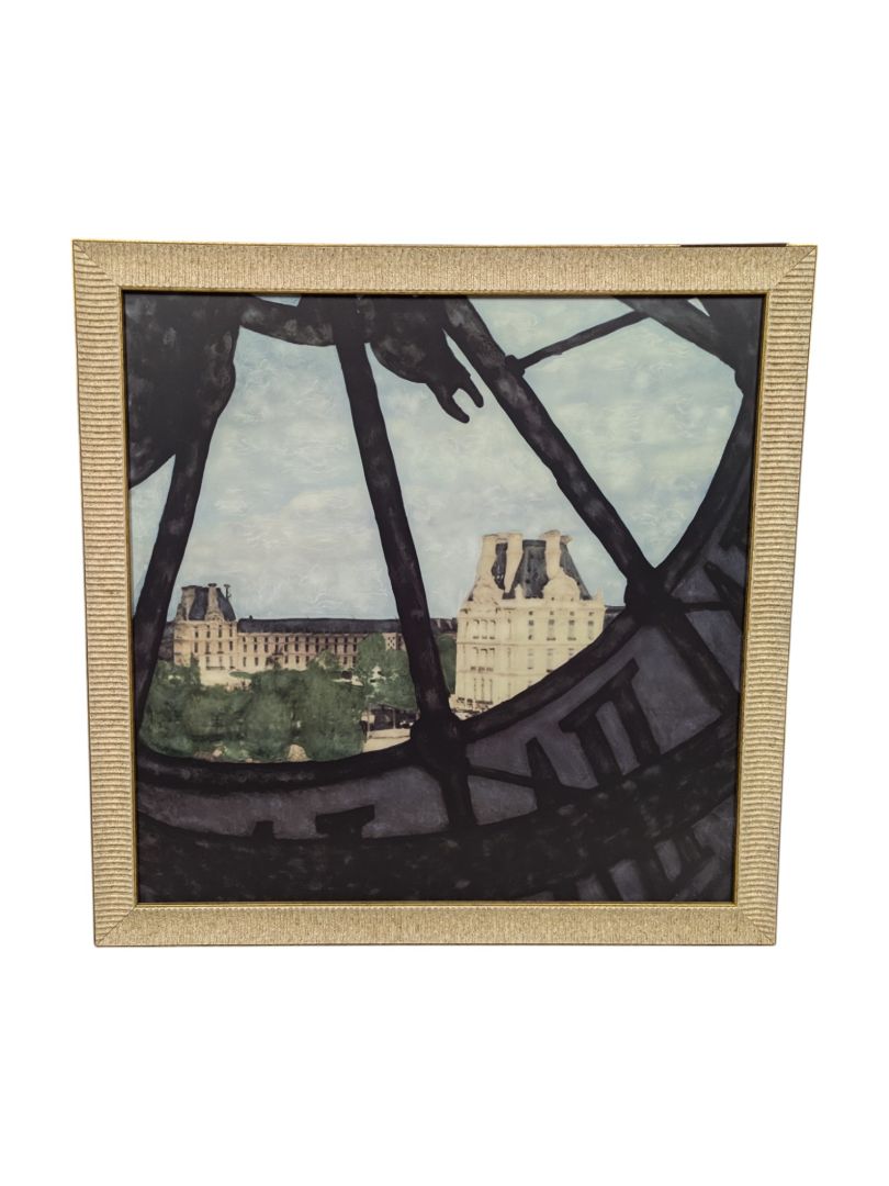 Square Painting Print of Building View Behind Clock