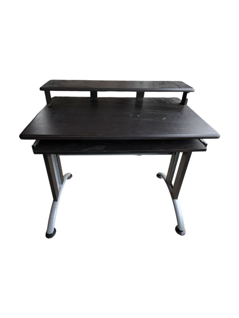 Compact Black Computer Desk with Raised Monitor Shelf