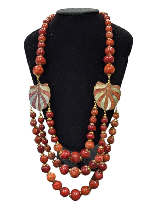 Orange Bead 3-strand Necklace w/ Shells
