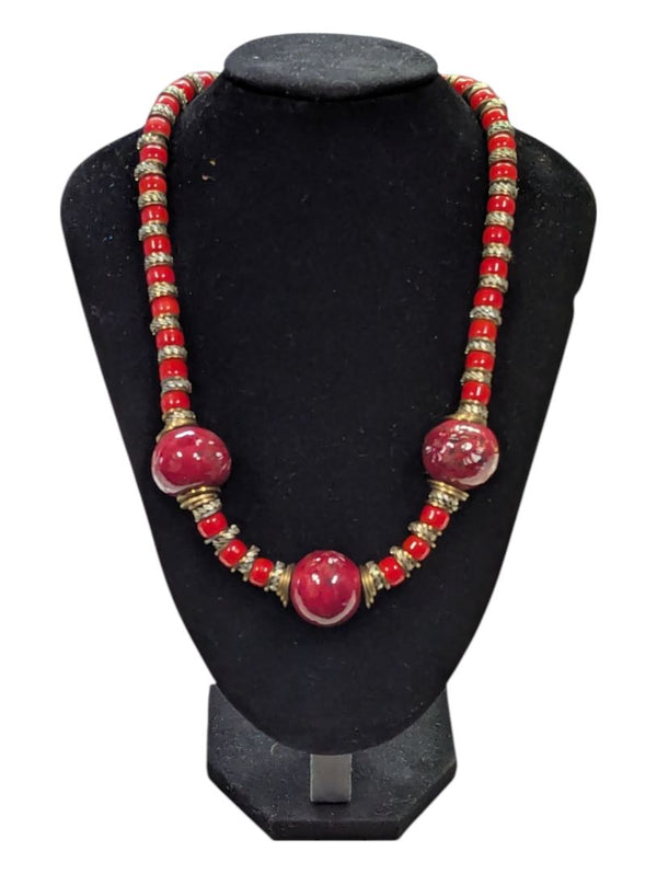 Red Beaded Necklace with Hand-Painted Ceramic Bead