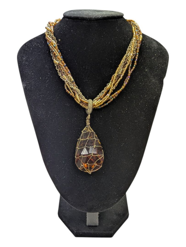 Muti-Strands Beaded Necklace w/ Stone Pendant