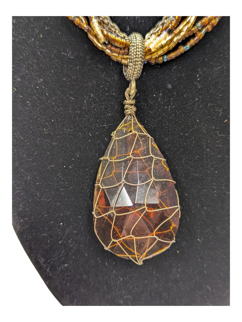 Muti-Strands Beaded Necklace w/ Stone Pendant