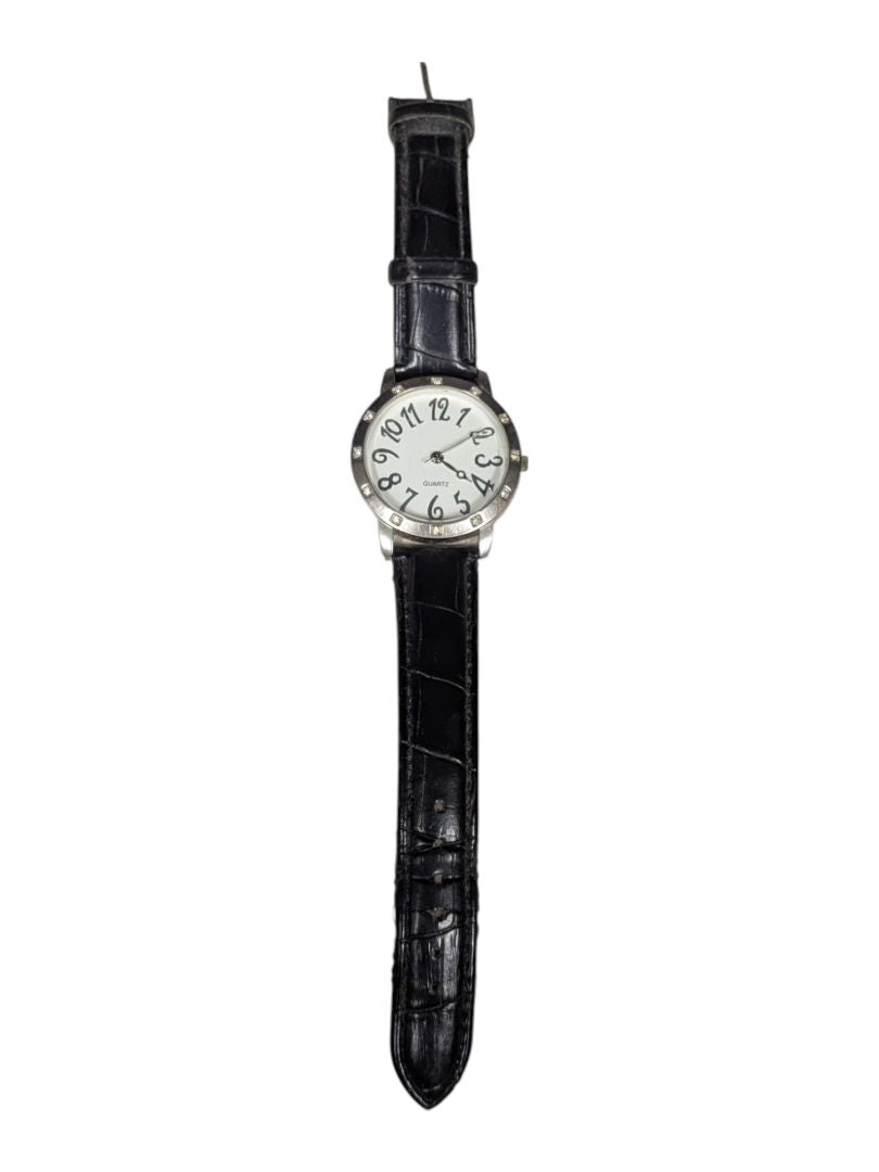 Silver Black Croc Patent Crystals Stainless Watch