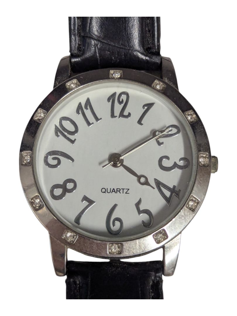 Silver Black Croc Patent Crystals Stainless Watch