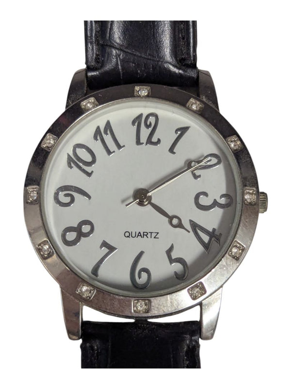 Silver Black Croc Patent Crystals Stainless Watch