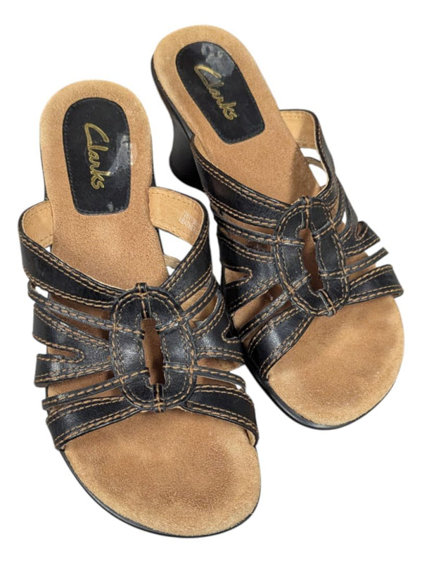 Clarks Women's Black Leather Wedge Sandals Size 5 1/2