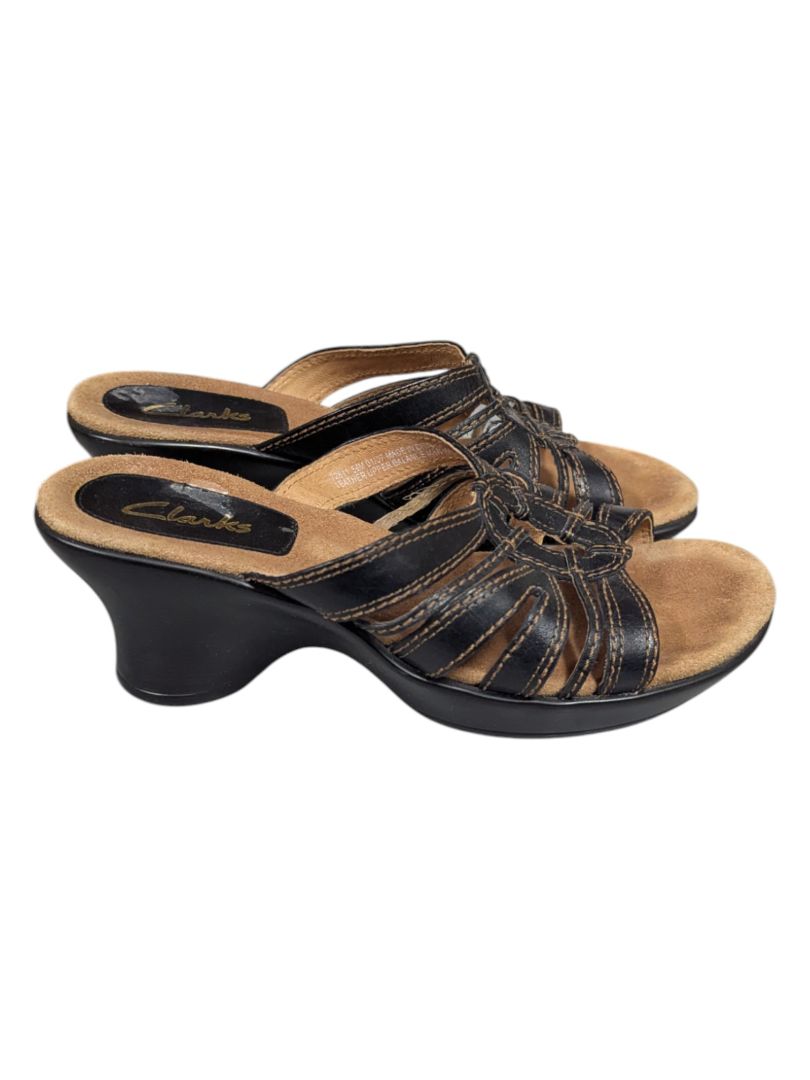 Clarks Women's Black Leather Wedge Sandals Size 5 1/2
