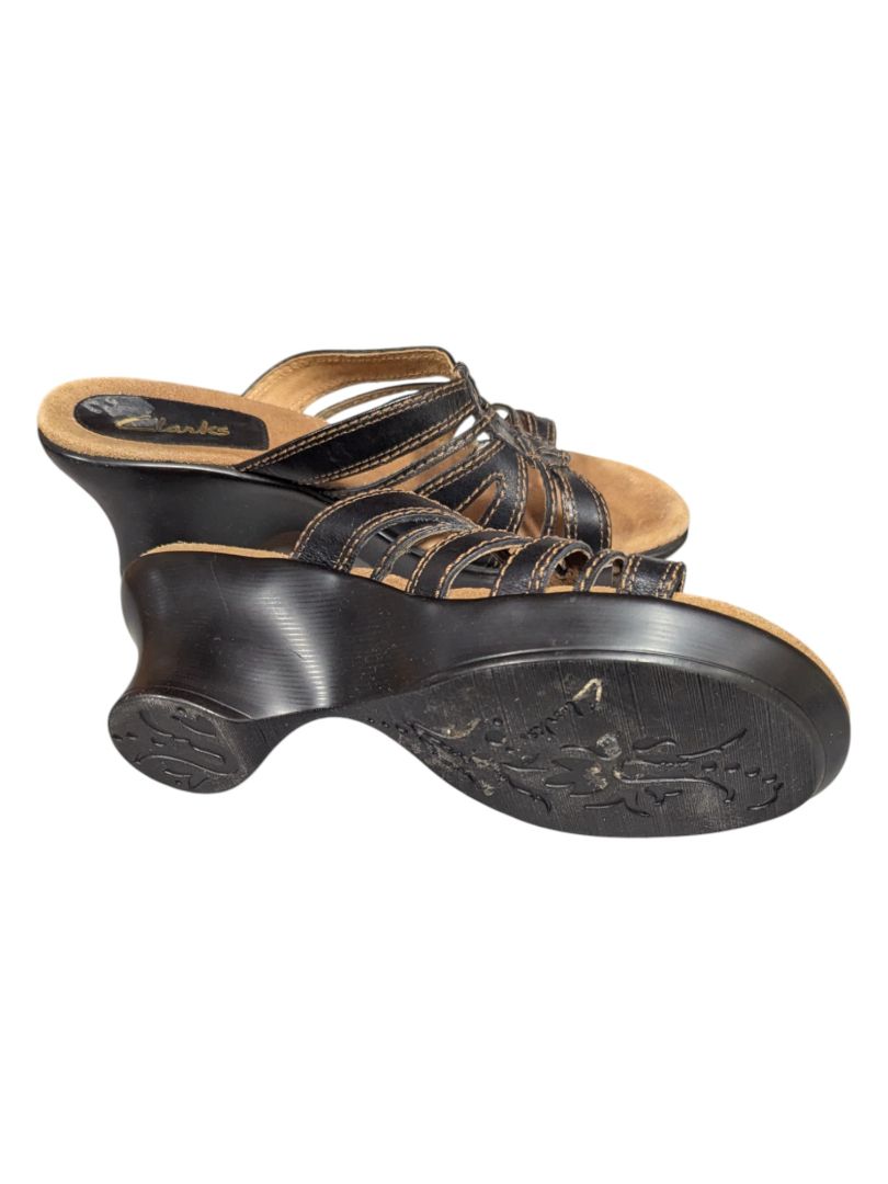 Clarks Women's Black Leather Wedge Sandals Size 5 1/2