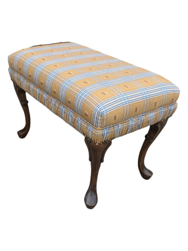 Victorian Style Wood Stool in Yellow Fannel Fabric