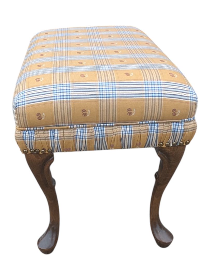 Victorian Style Wood Stool in Yellow Fannel Fabric