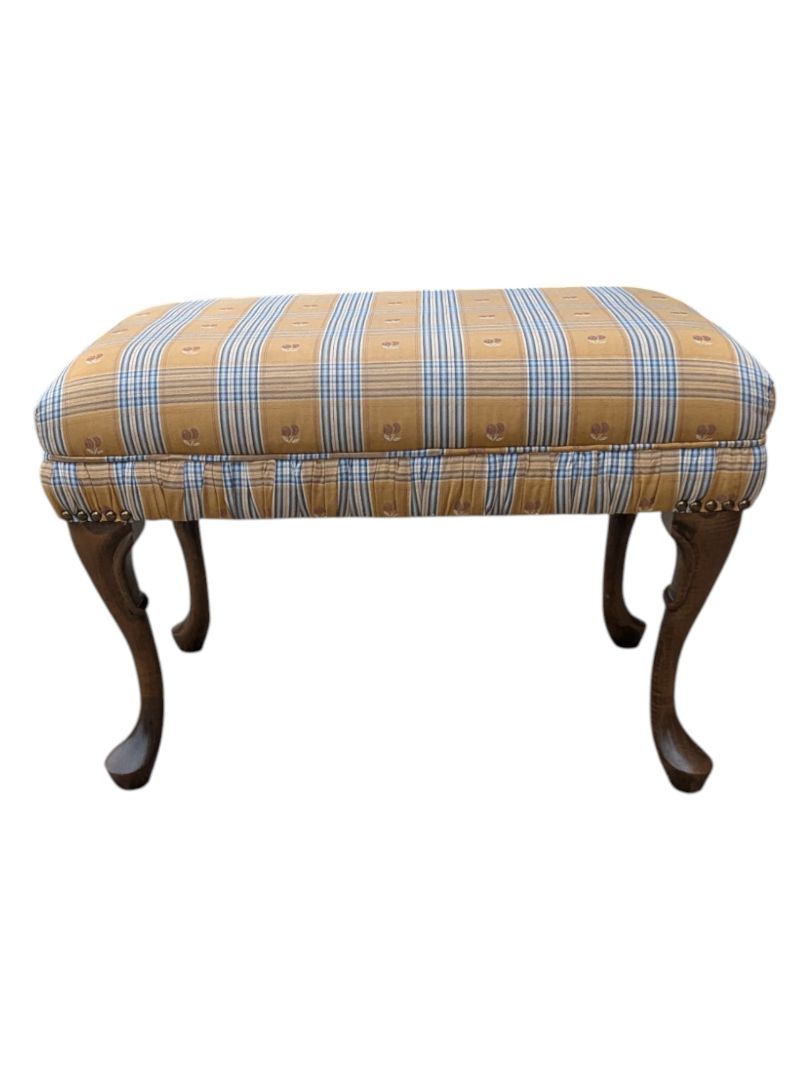 Victorian Style Wood Stool in Yellow Fannel Fabric