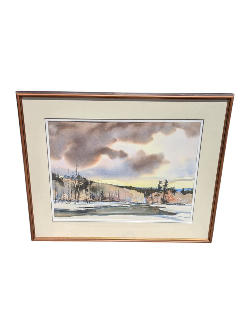 Watercolour Winter Lakeview Landscape Painting by Brian Marshall Atyeo