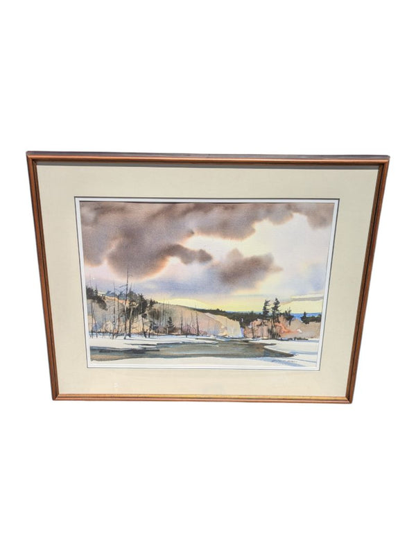Watercolour Winter Lakeview Landscape Painting by Brian Marshall Atyeo